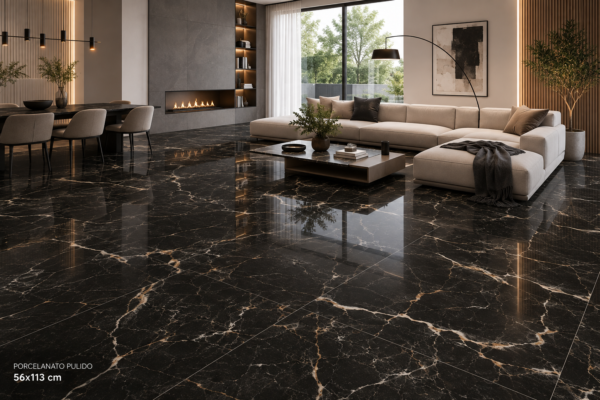 VALENTINO 56X113 Púlido, Símil mármol Negro con Dorado